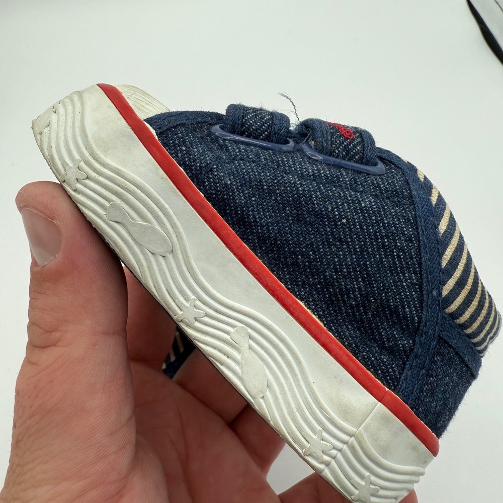 Fisher Price Toddler Sneakers Size 2 Blue Denim Red Stripe Hook Loop Shoes - Picture 6 of 8